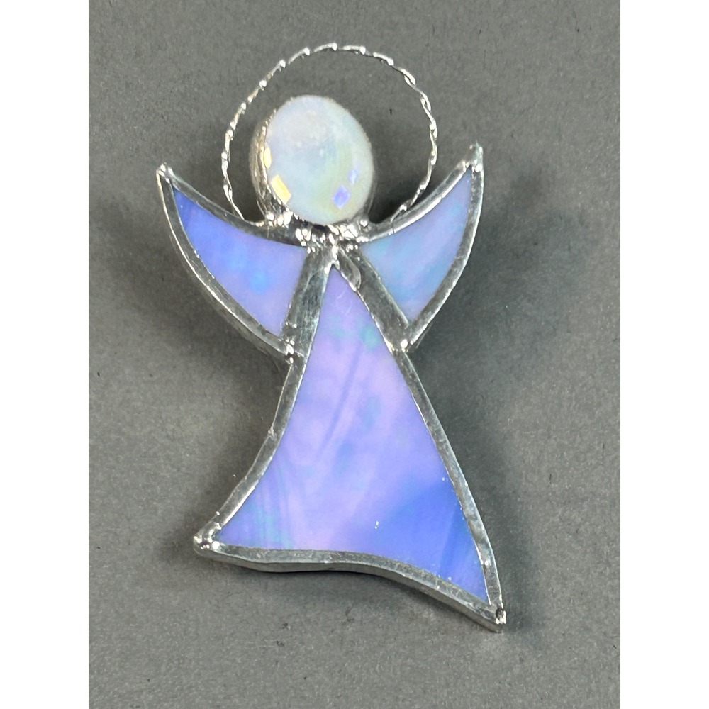 Vintage‎ Stained Glass Angel Brooch Iridescent Purple Slag Glass Artisan Signed